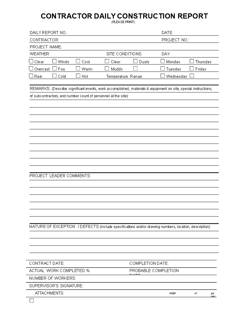 Kostenloses Daily Report Construction projects Inside Daily Work Report Template