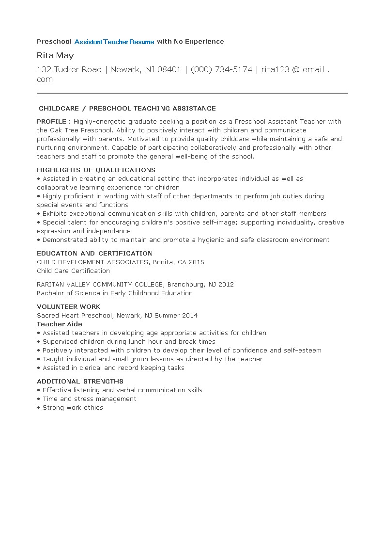Free Preschool Assistant Teacher Resume With No Experience