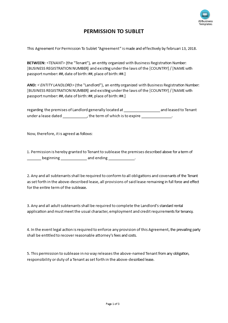 agreement for permission to sublet Hauptschablonenbild