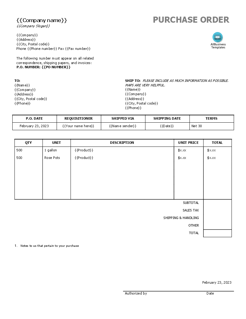 sample purchase order template