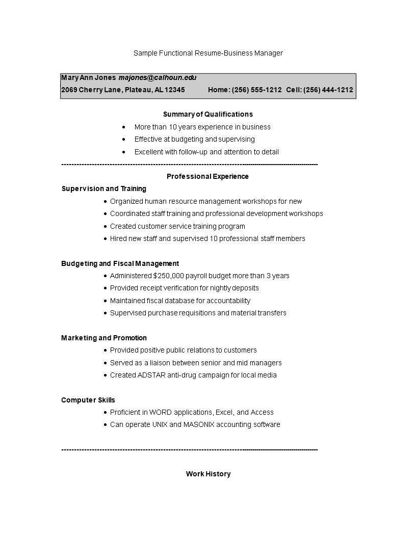 Sample Functional Resume Business Manager 模板