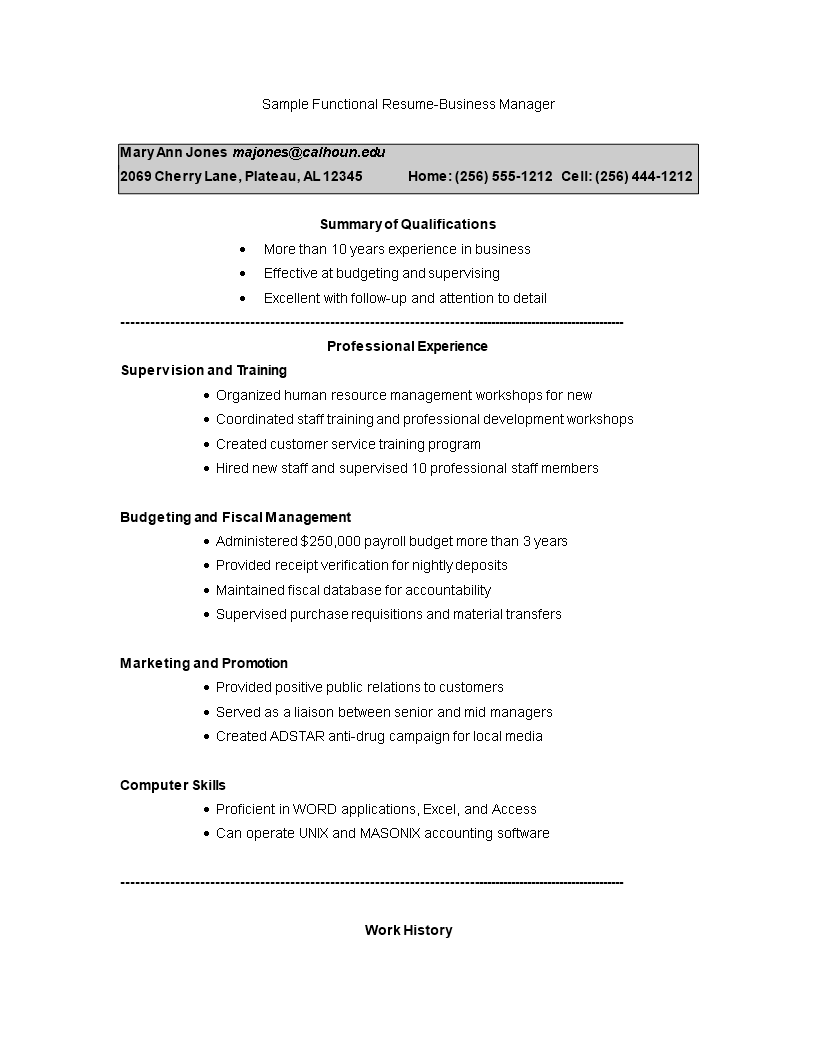 sample functional resume business manager plantilla imagen principal