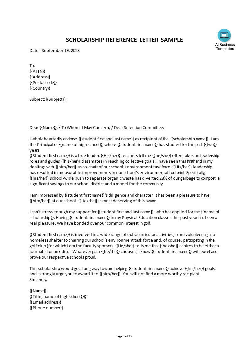 Recommendation Letter For Scholarship From Teacher | Templates at ...