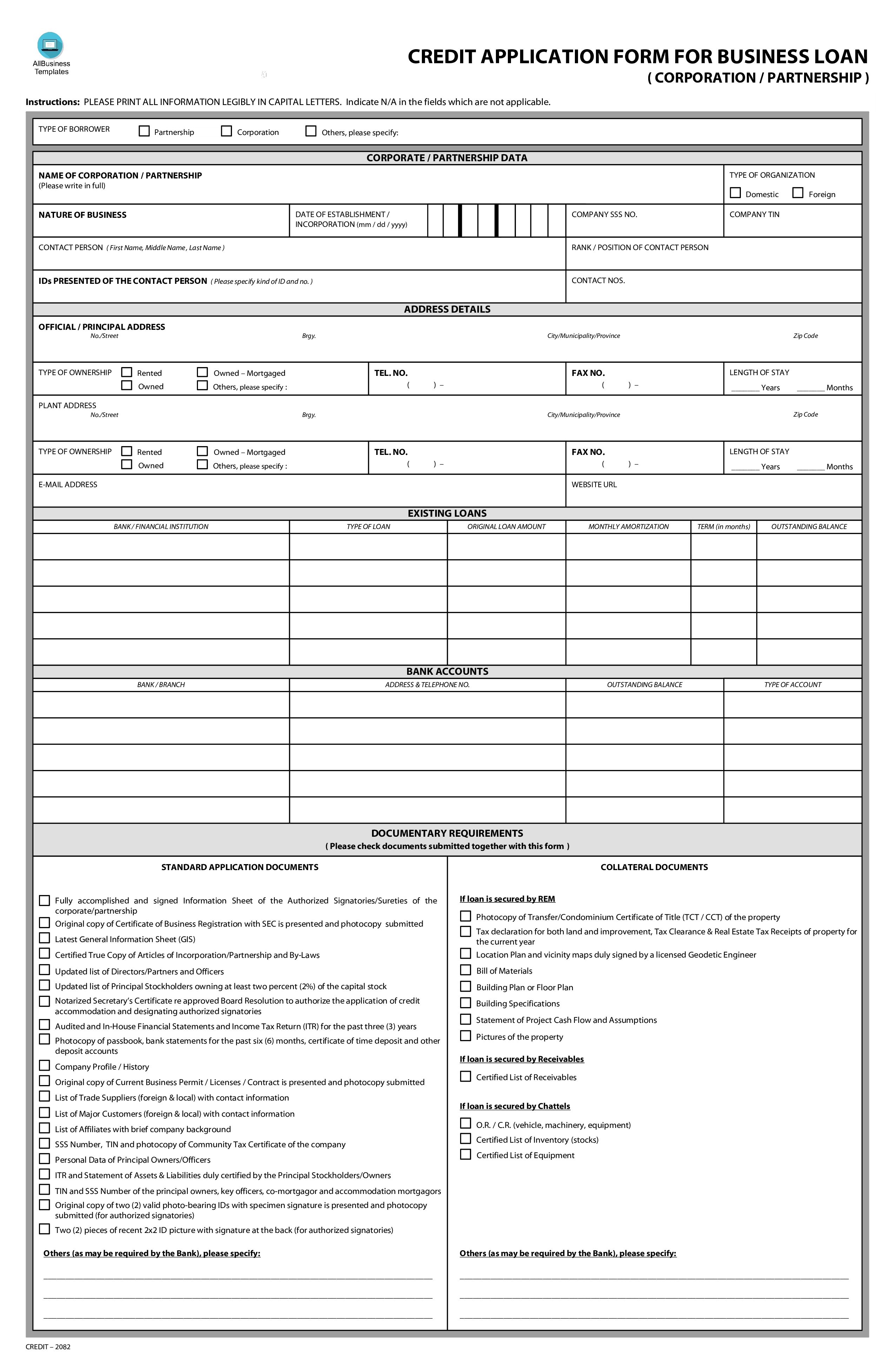 Credit Application Form For Business Loan 模板