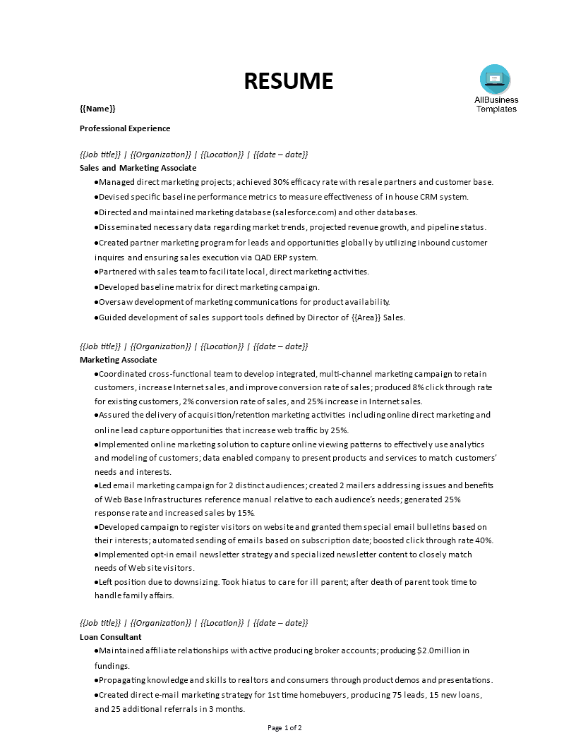 Senior Marketing Associate Resume 模板