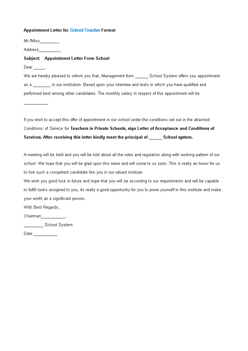 Appointment Letter Format for School Teacher main image