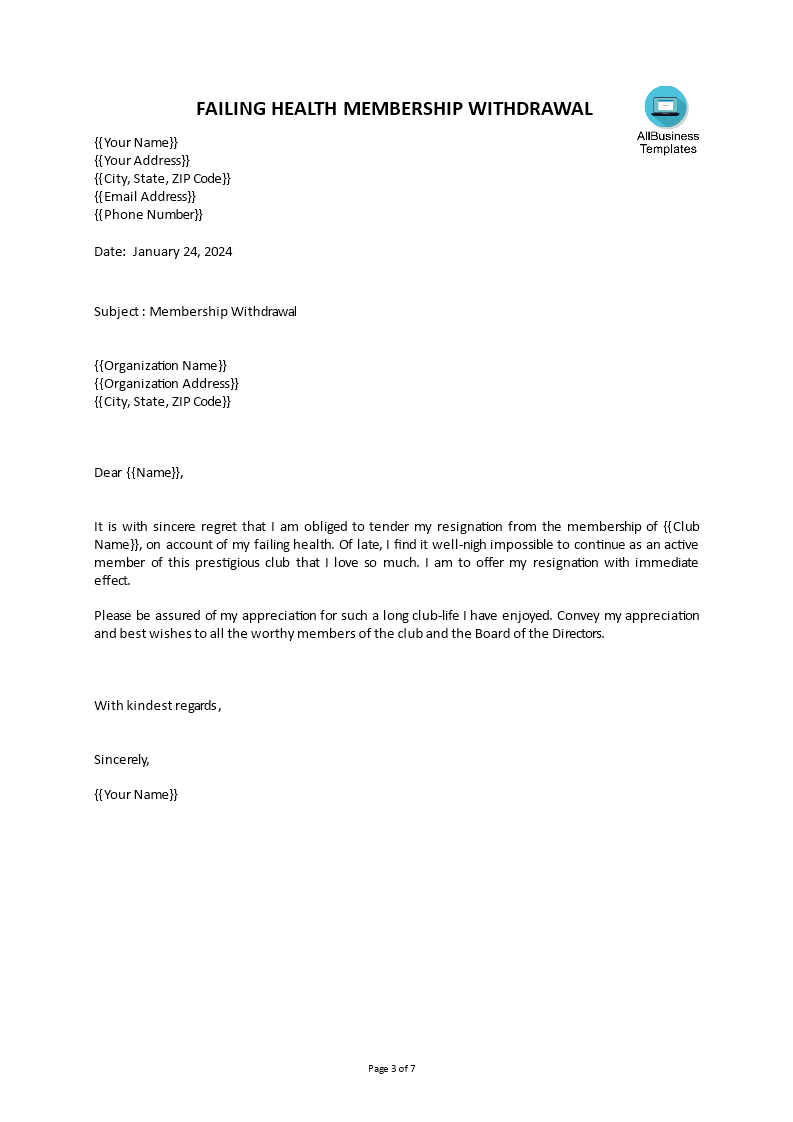 club membership resignation letter modèles