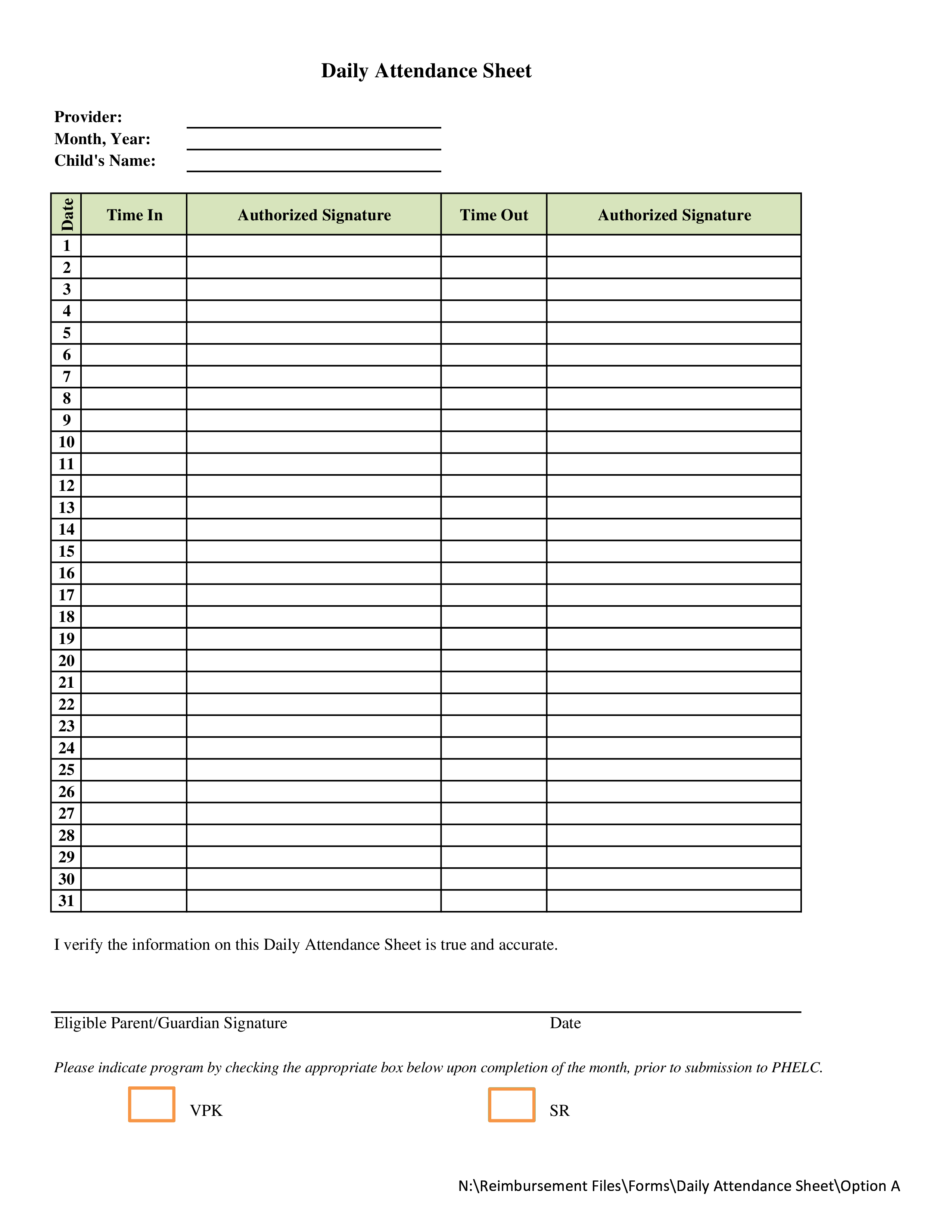 daily attendance calendar modèles