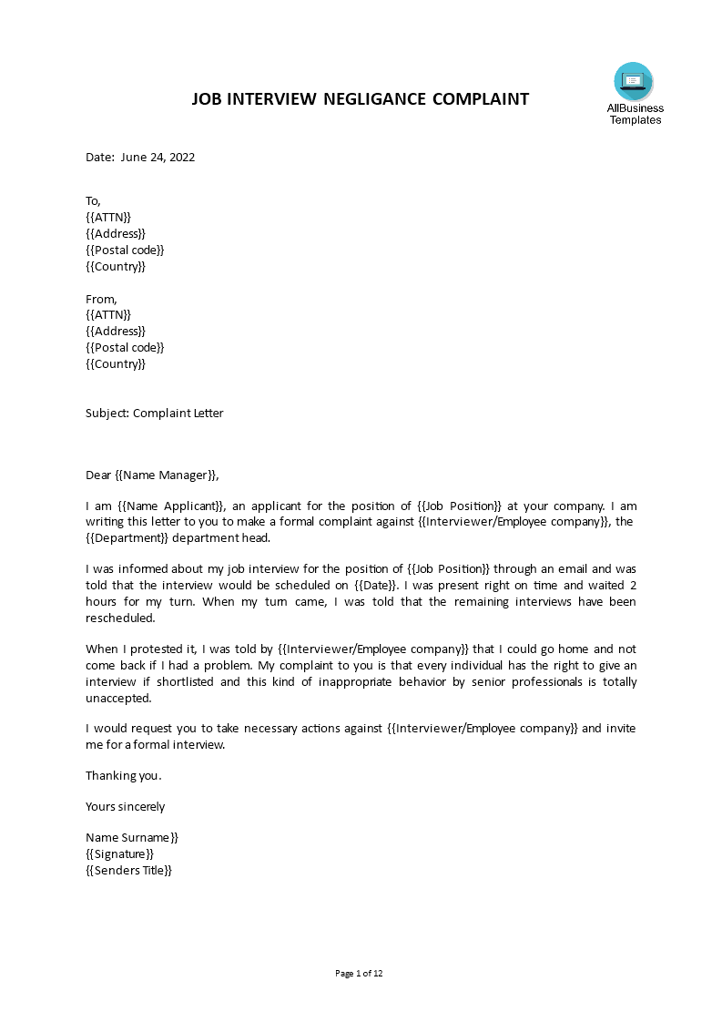 job interview complaint letter template voorbeeld afbeelding 