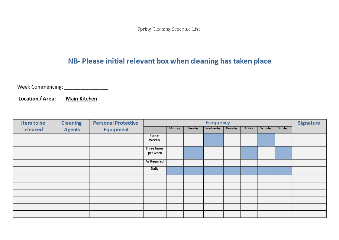 spring cleaning schedule list template