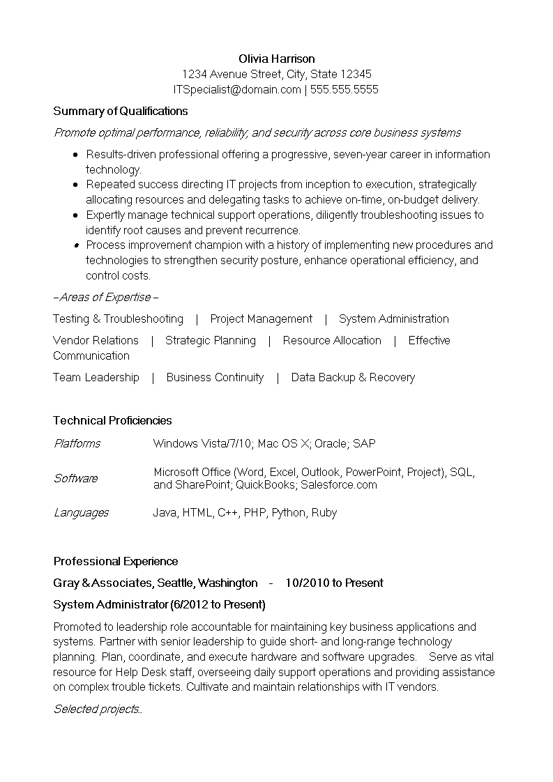 professional it resume format template