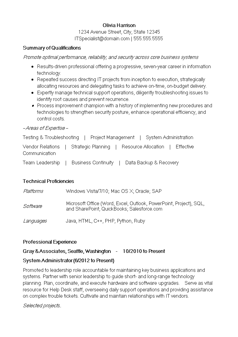 professional it resume format modèles