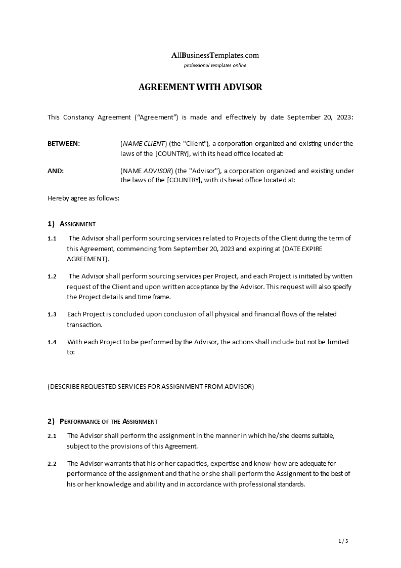 advisor agreement template template