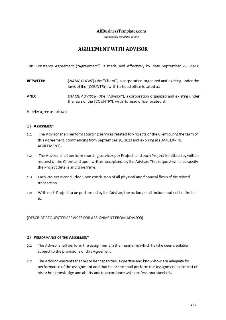 advisor agreement template modèles