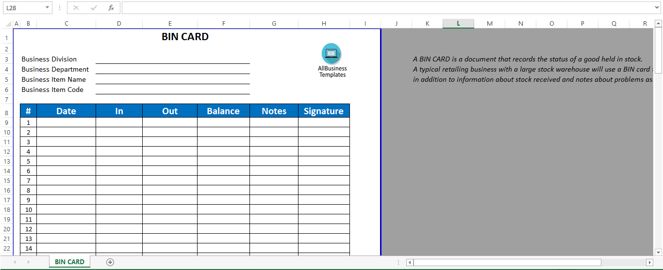 Gratis BIN Card Format Excel