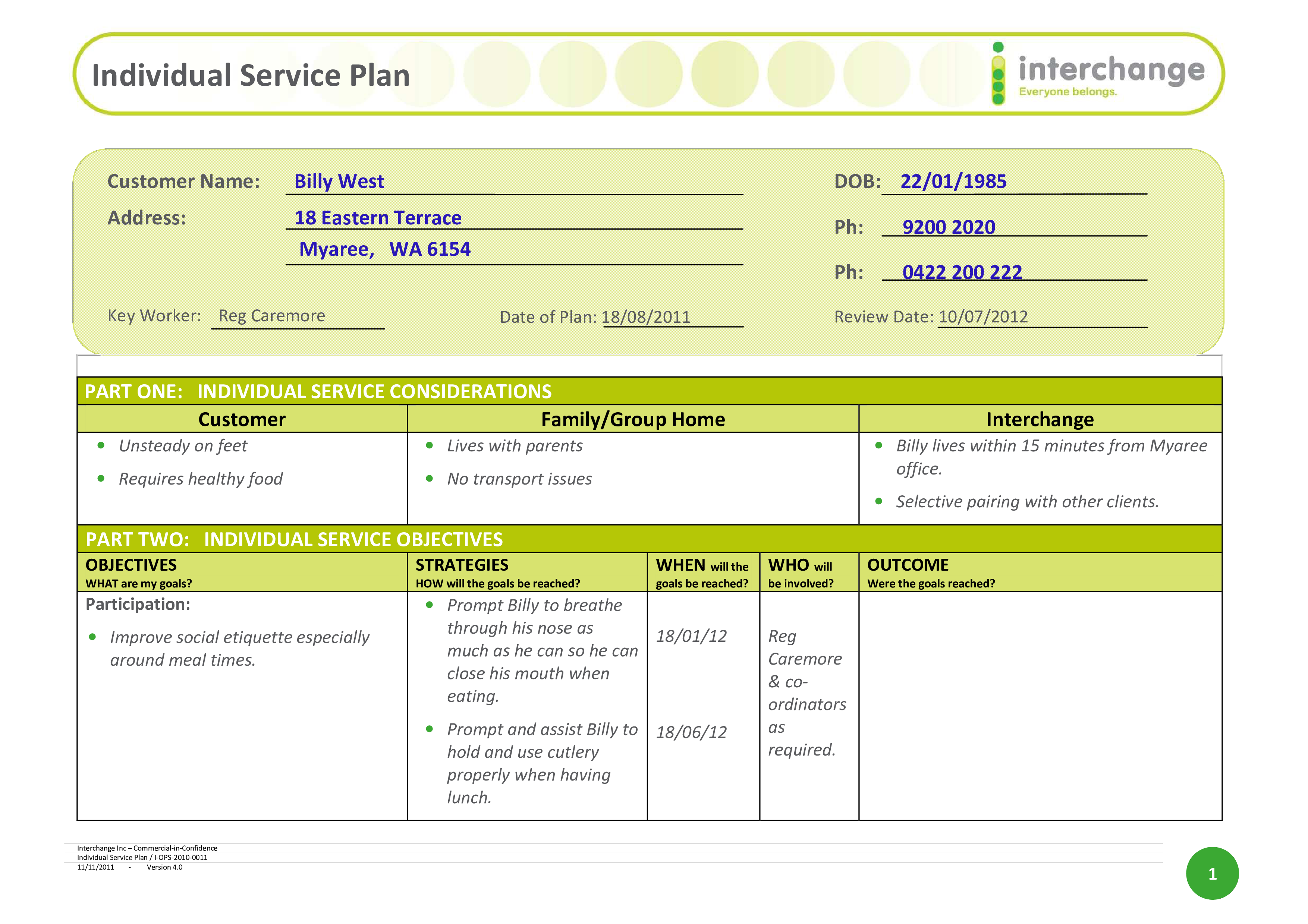 Individual Service Plan 模板