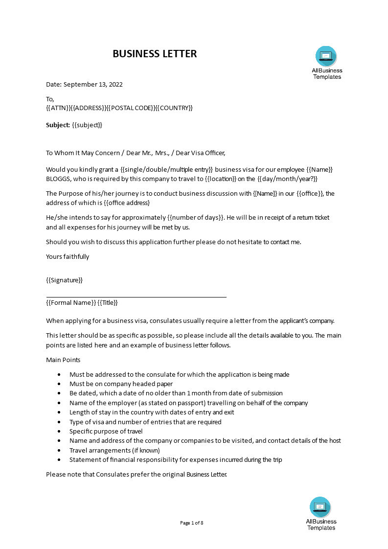 short business letter format template
