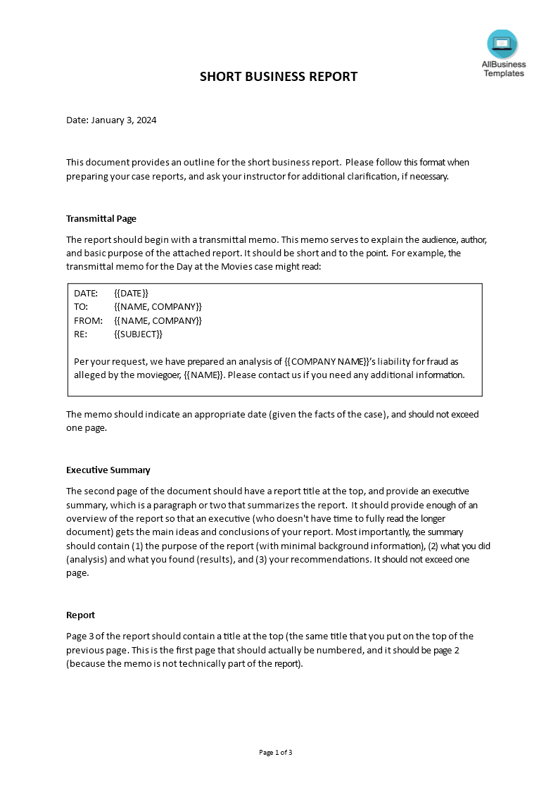short business report example template