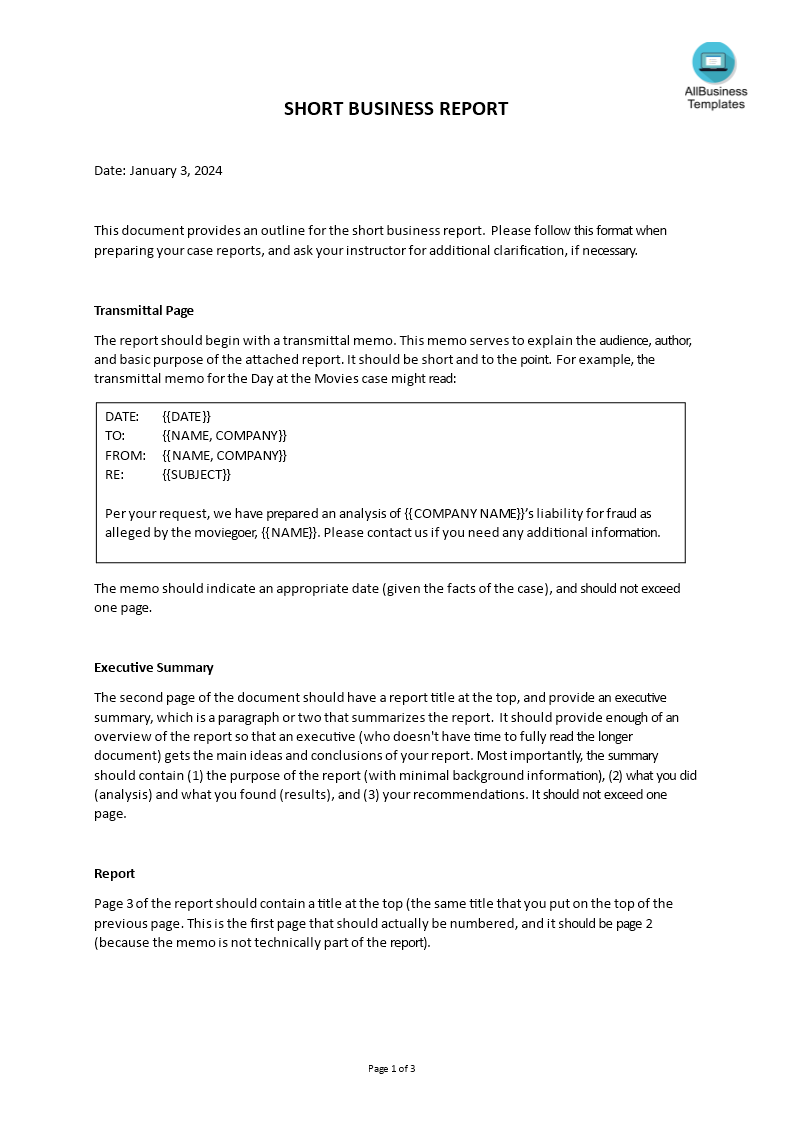 Short Business Report Example  Templates at allbusinesstemplates