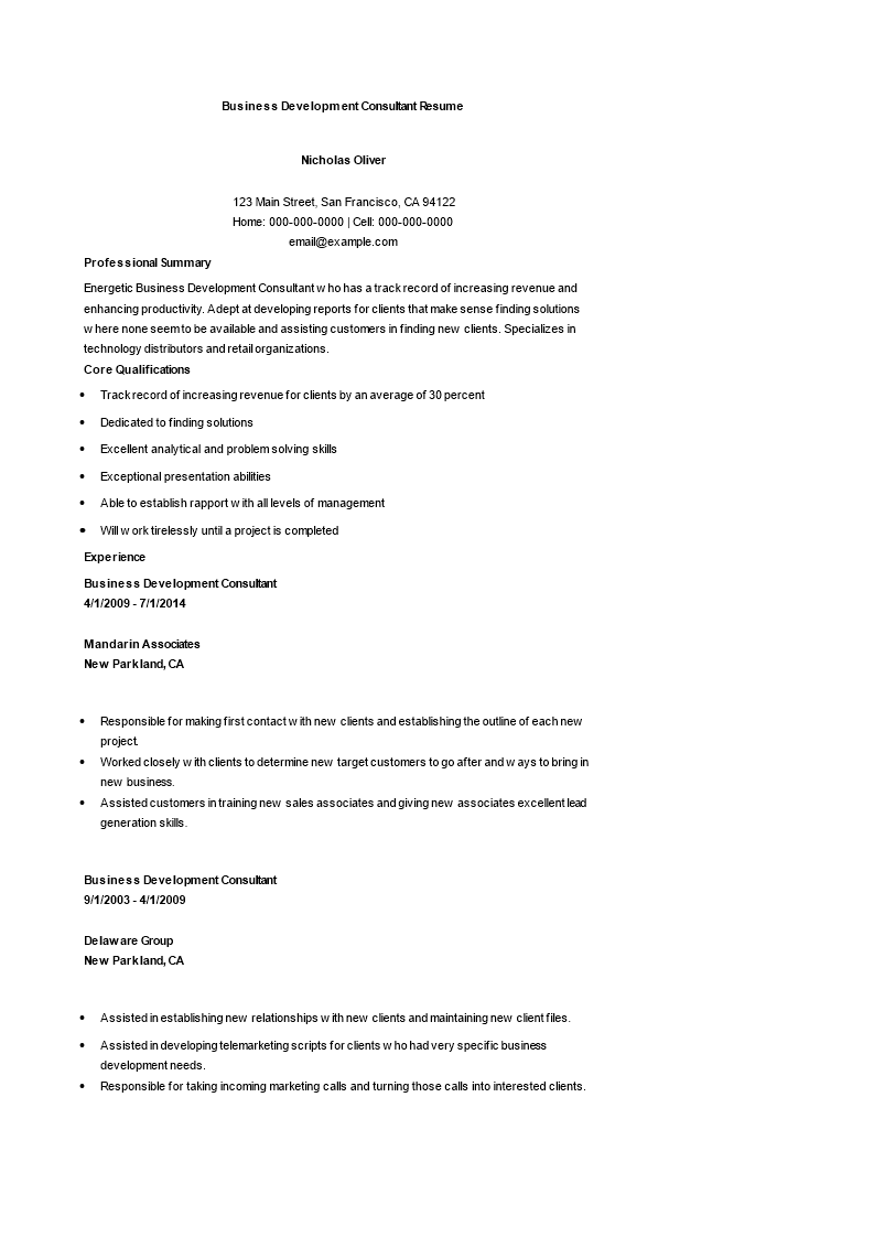 sample business development consultant resume plantilla imagen principal