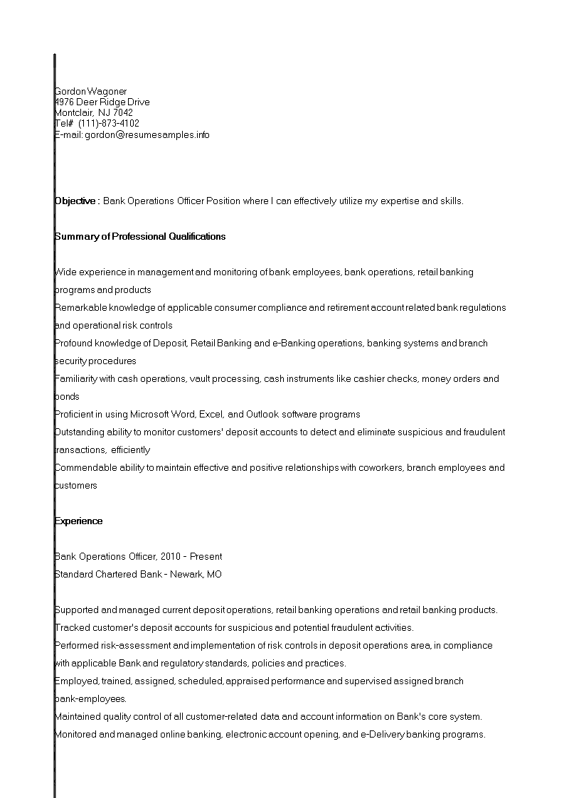 banking operations executive resume template