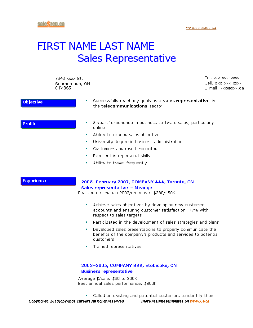 service sales representative resume template