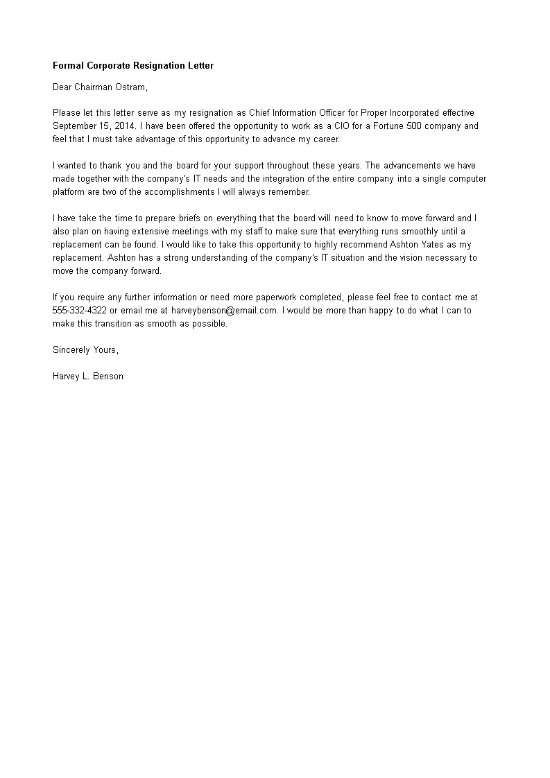 formal corporate resignation letter template