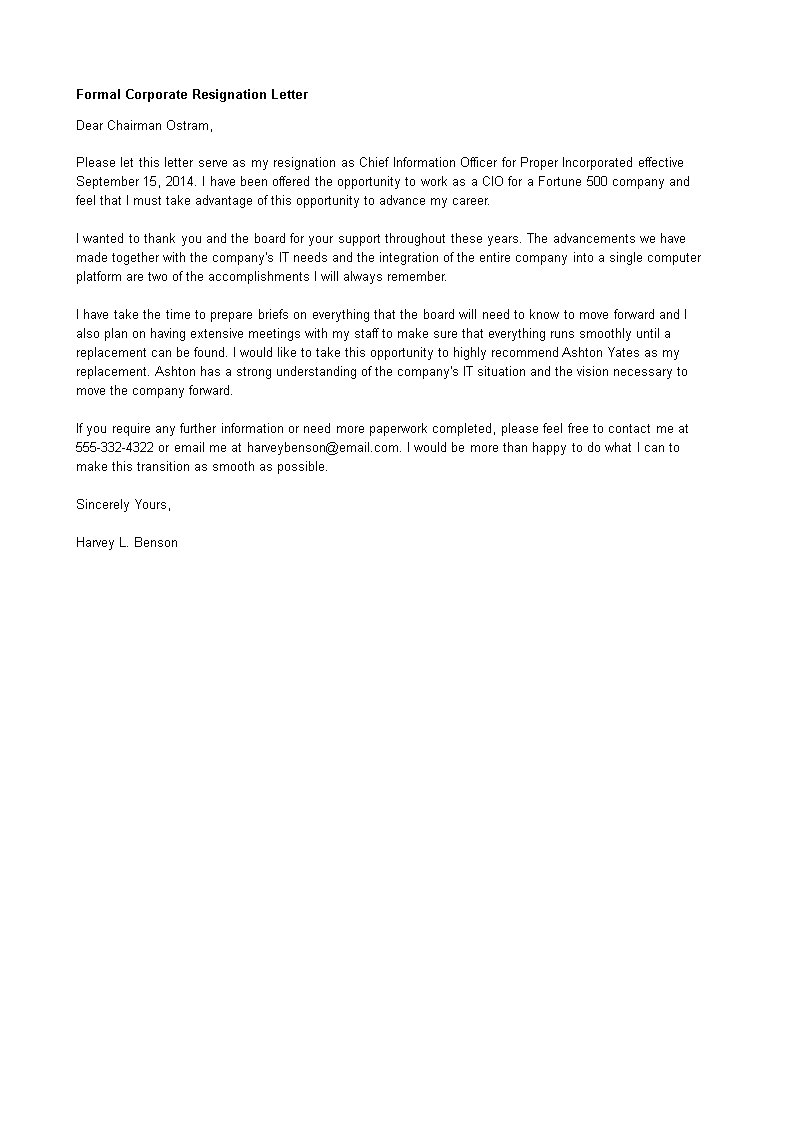 formal corporate resignation letter modèles