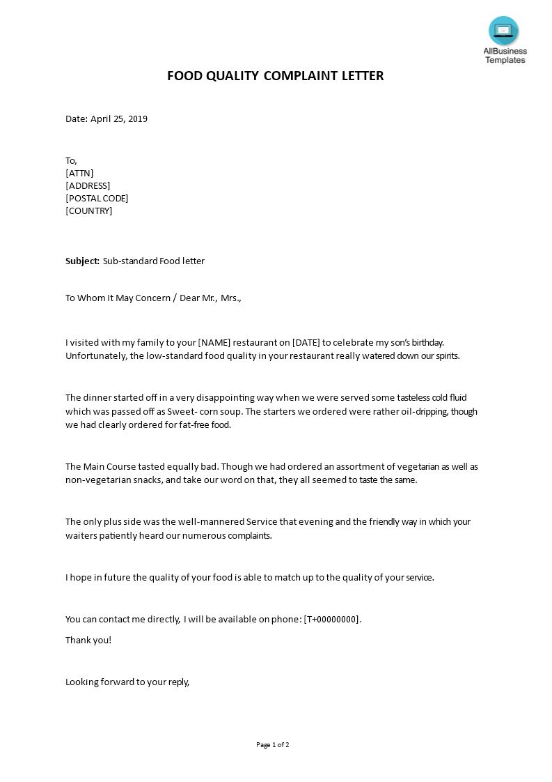 food quality complaint letter template