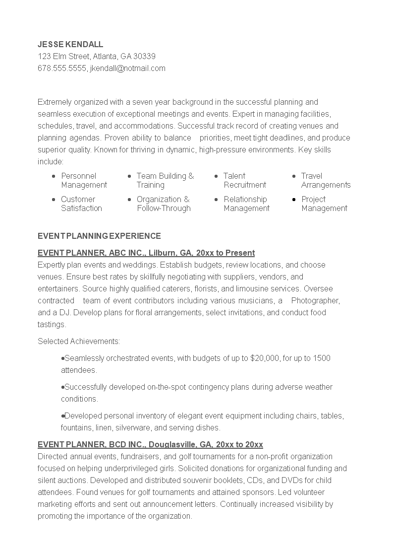 experienced event planner resume plantilla imagen principal