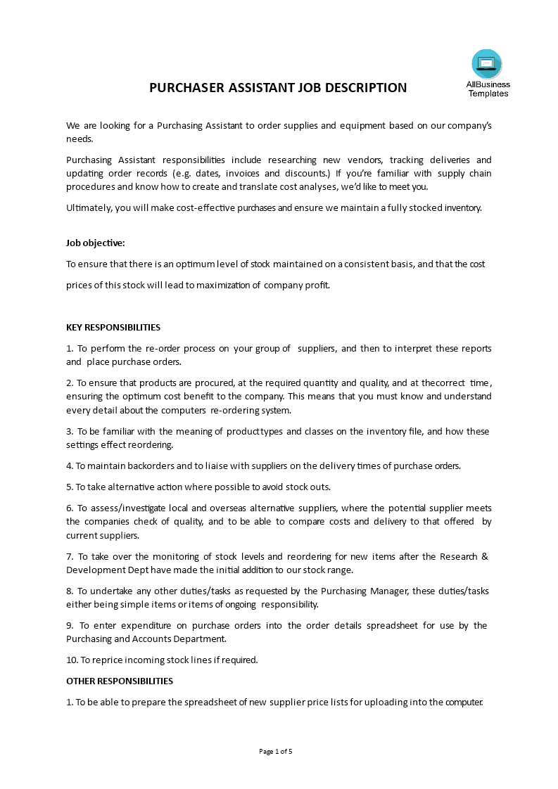 Purchasing Assistant Job Description Templates at
