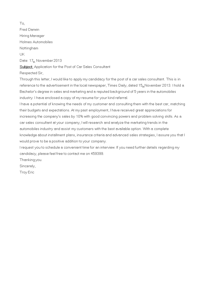 car salesman cover letter template