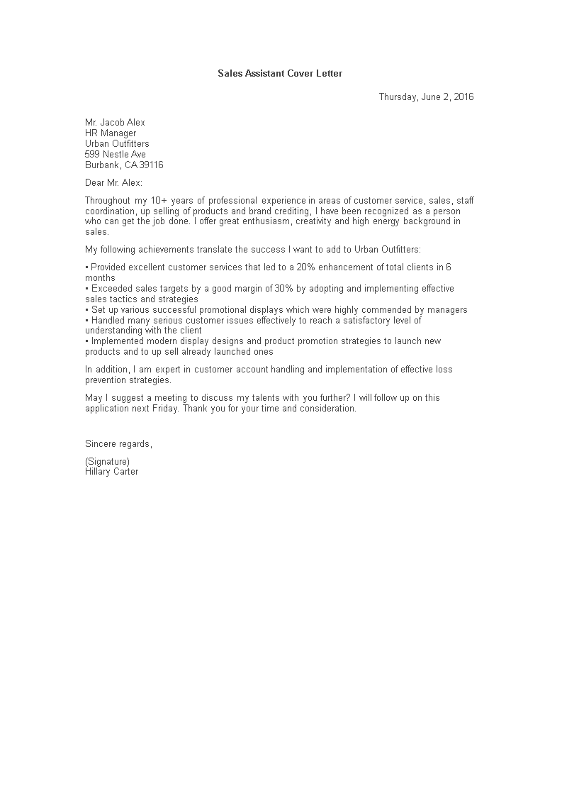 application letter as sales assistant