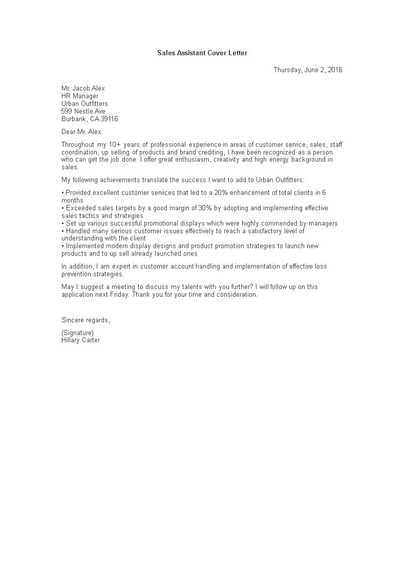 sales job application letter sample