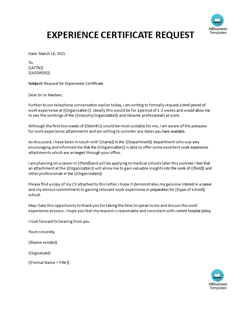 work experience letter matter