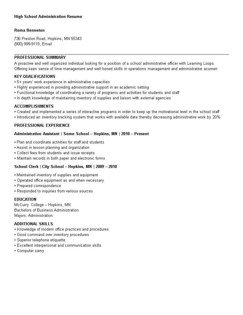 high school administration resume modèles