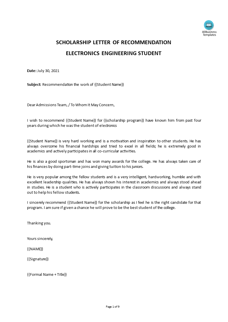 recommendation letter friend for scholarship template