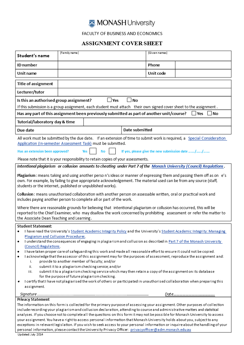 University Assignment Cover Sheet 模板