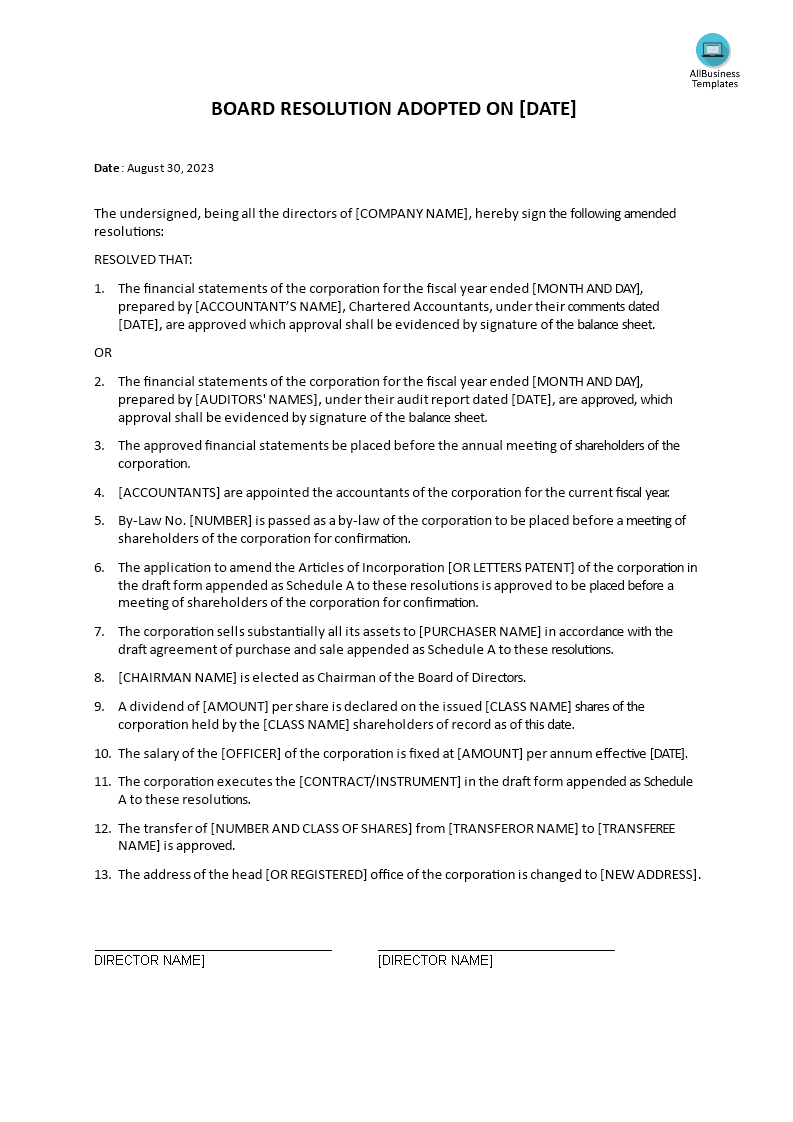 board resolution adopted template