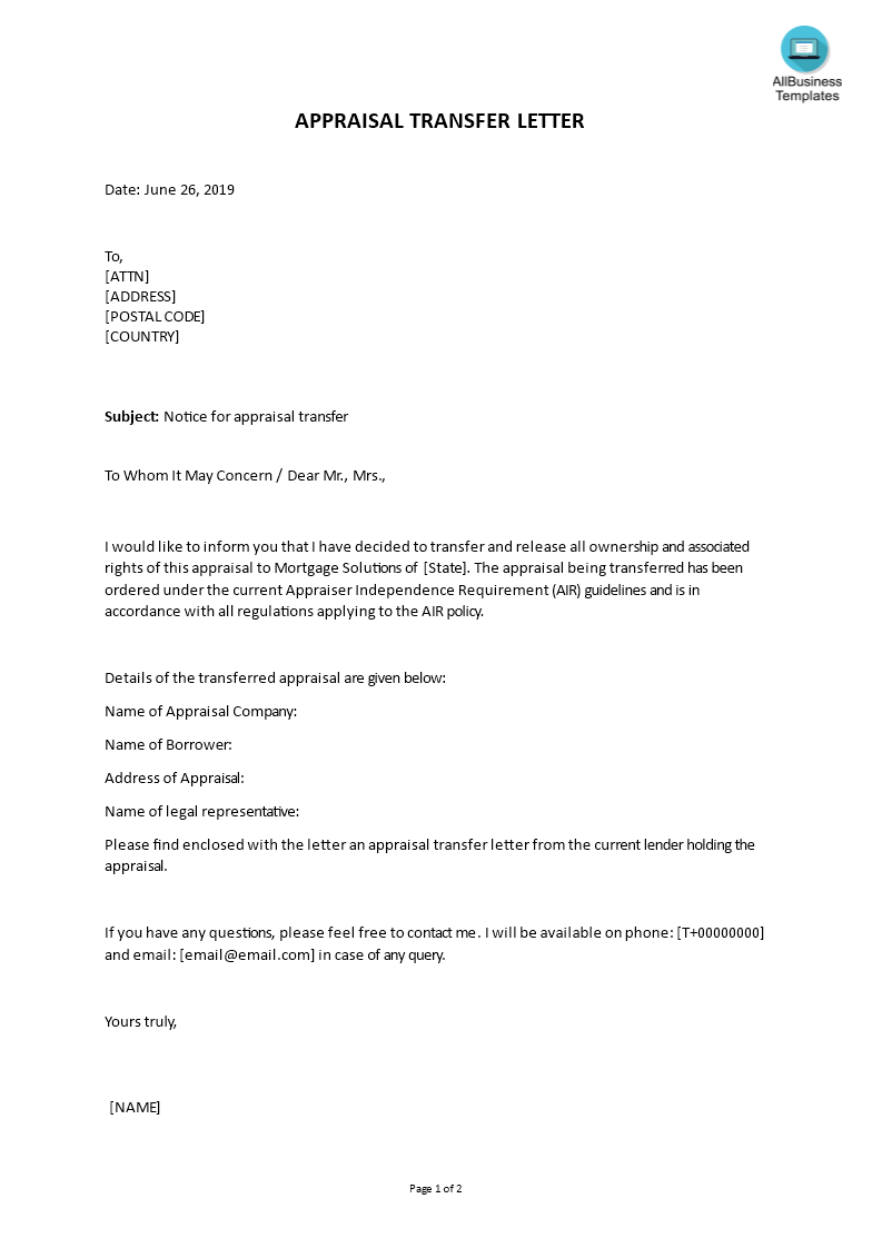 appraisal transfer letter sample template