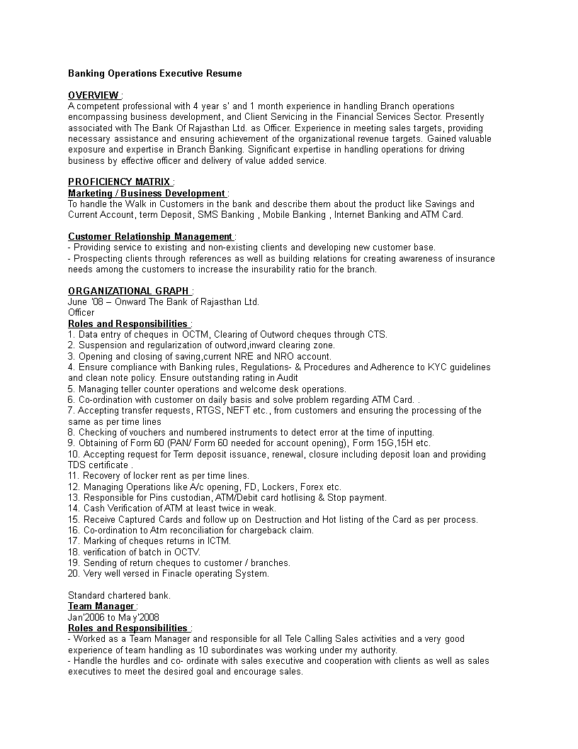 resume of a banking operations executive plantilla imagen principal