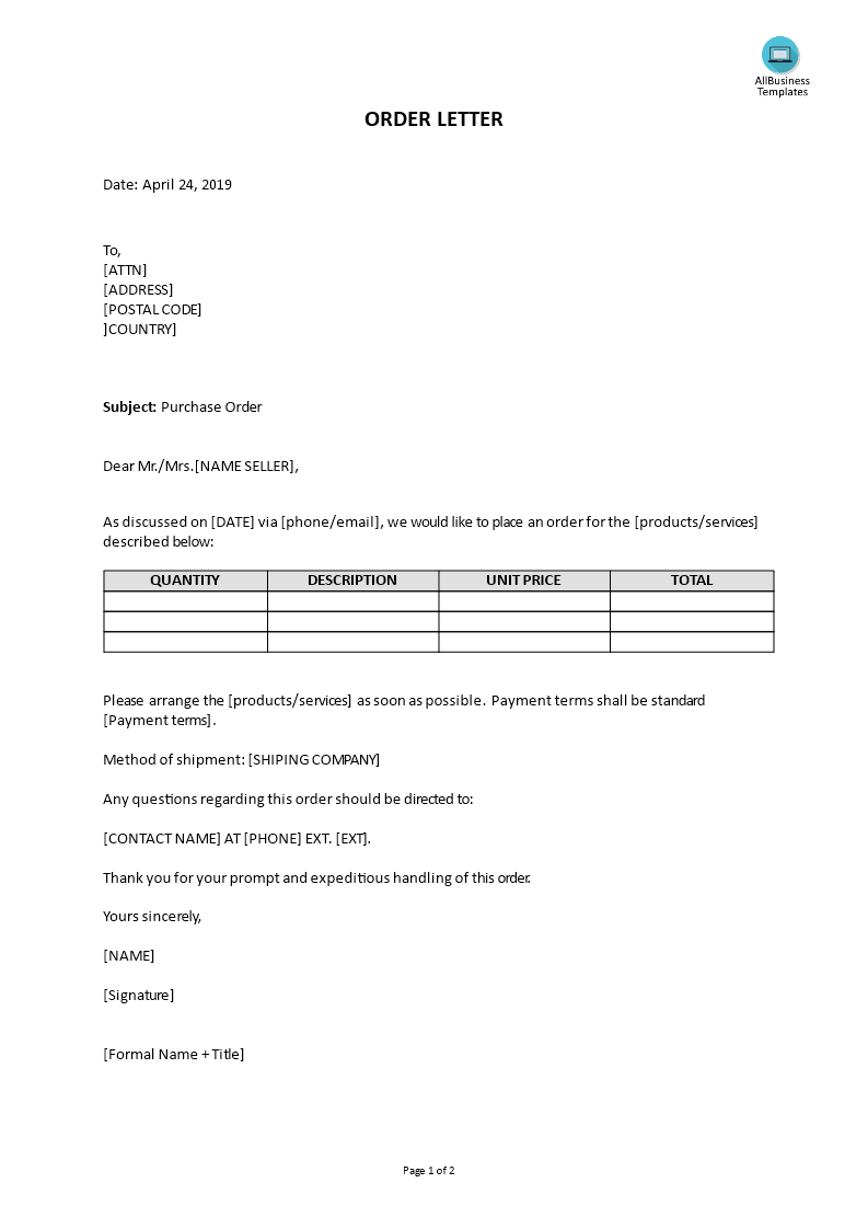 letter for placing order voorbeeld afbeelding 