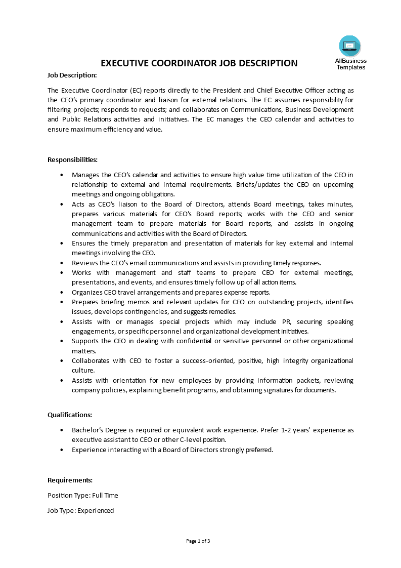 executive coordinator job description voorbeeld afbeelding 