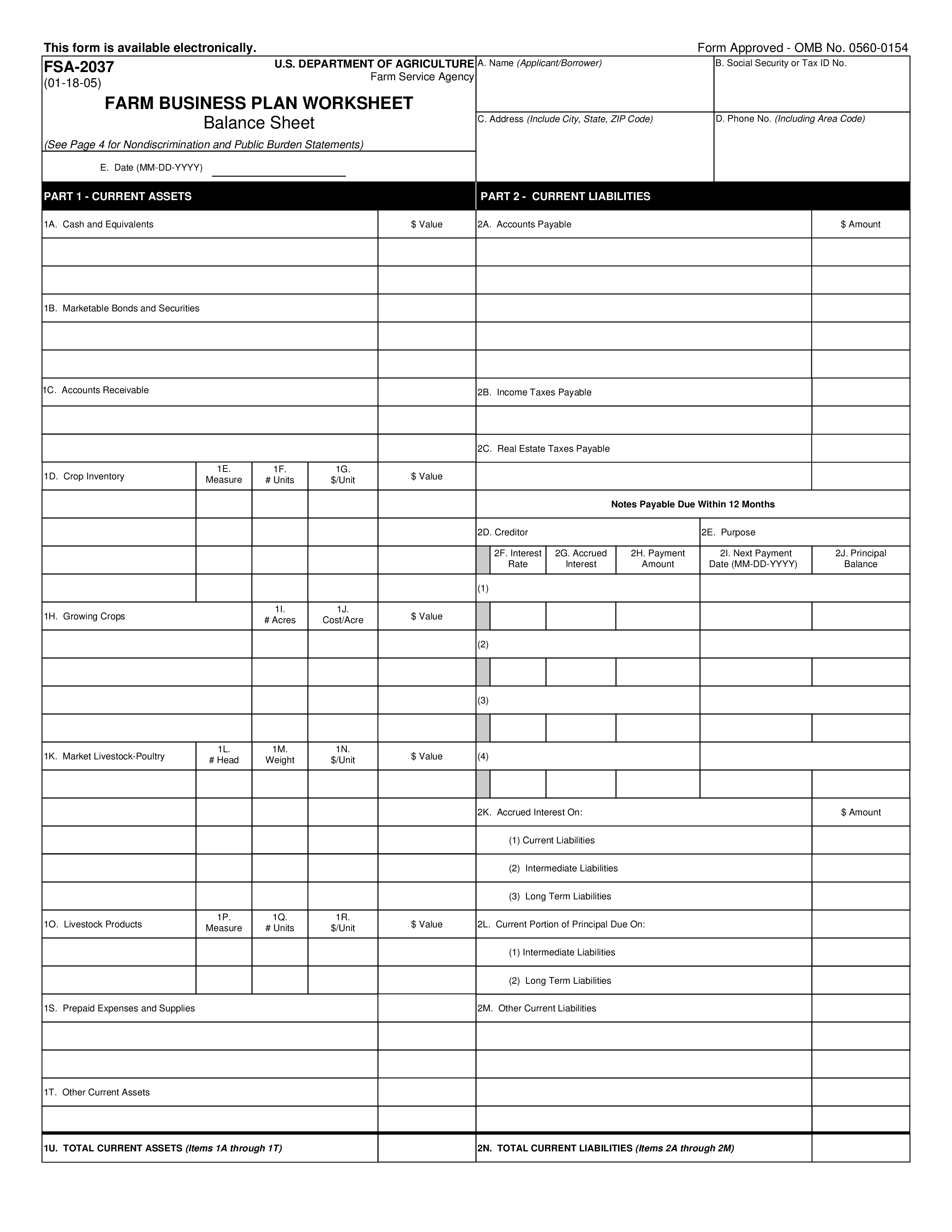 farm business plan worksheet balance sheet