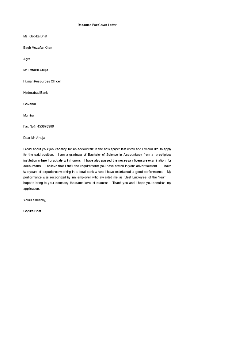 Printable Resume Fax Cover Letter Template 模板