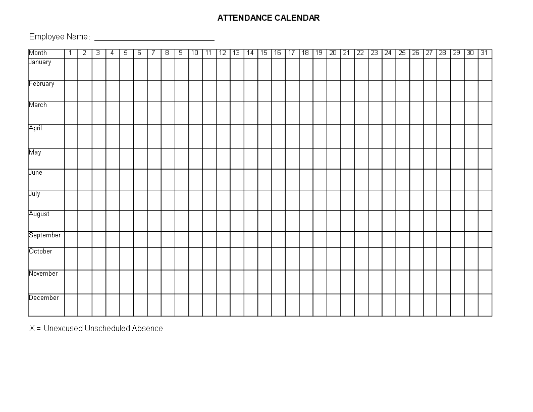 attendance calendar voorbeeld afbeelding 