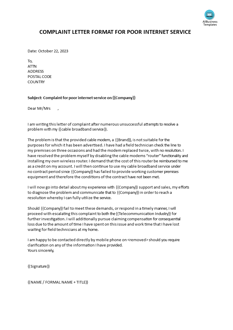 complaint letter format for poor internet service Hauptschablonenbild