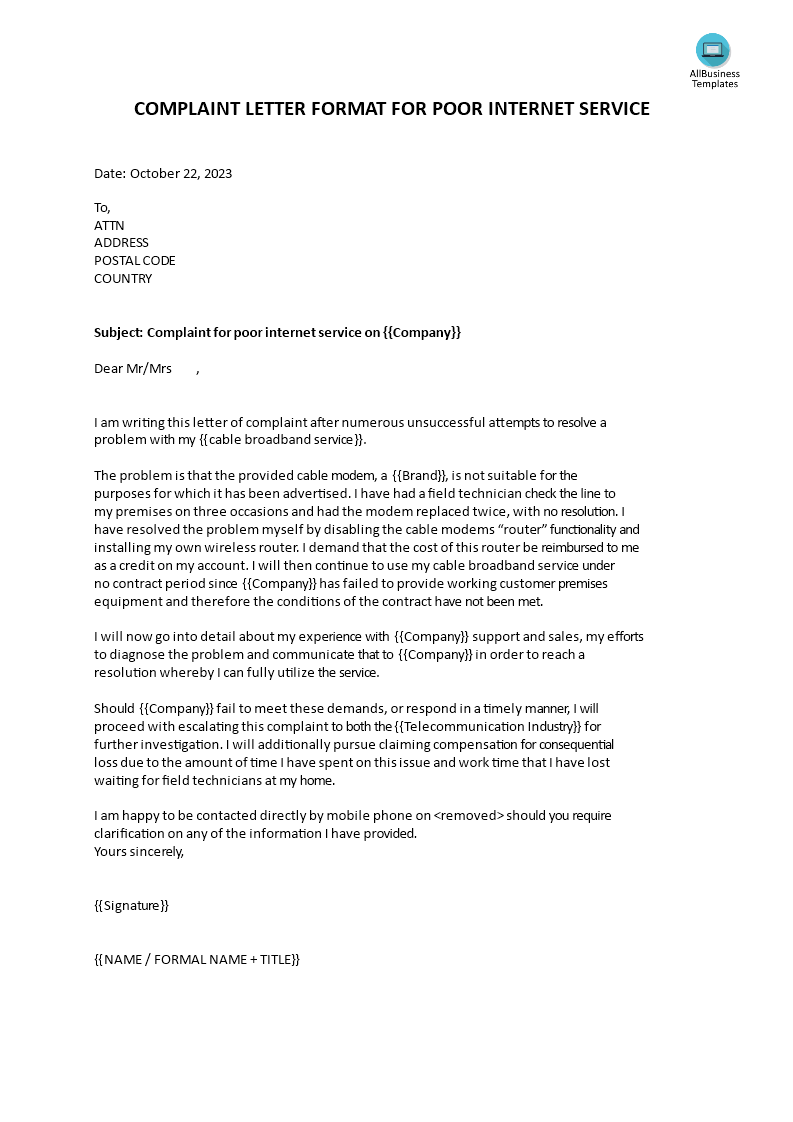 complaint letter format for poor internet service voorbeeld afbeelding 