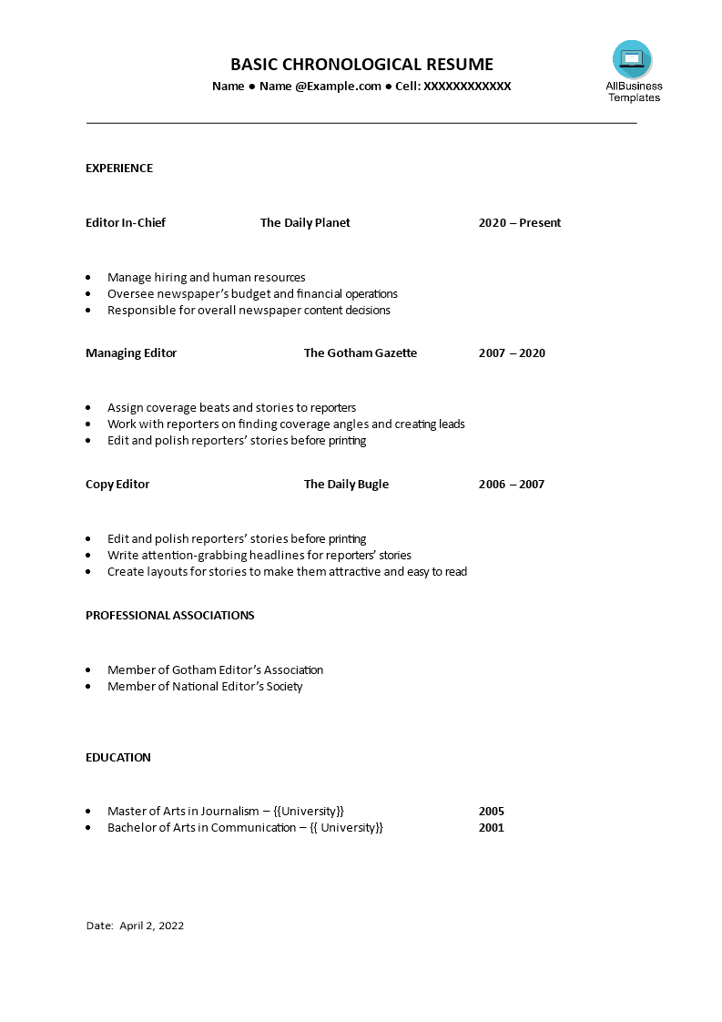 basic chronological resume template voorbeeld afbeelding 