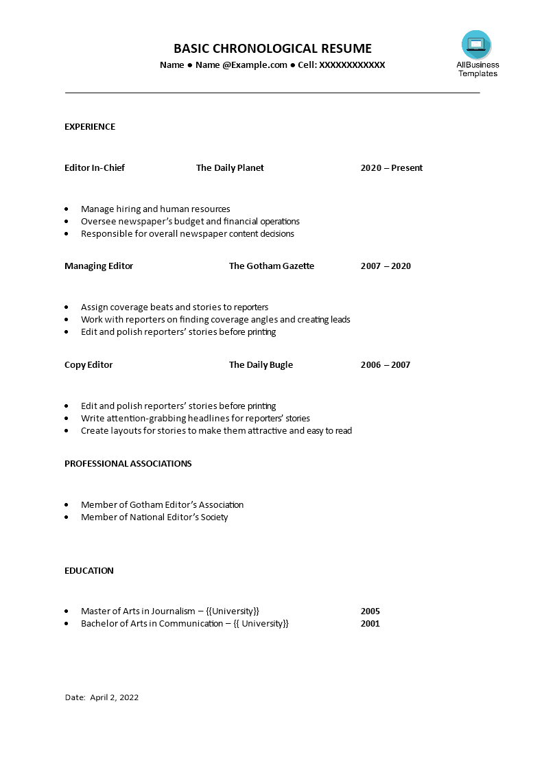 basic chronological resume template plantilla imagen principal